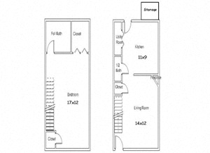 Floor plan for 1 bed, 1.5 baths, 950 sqft